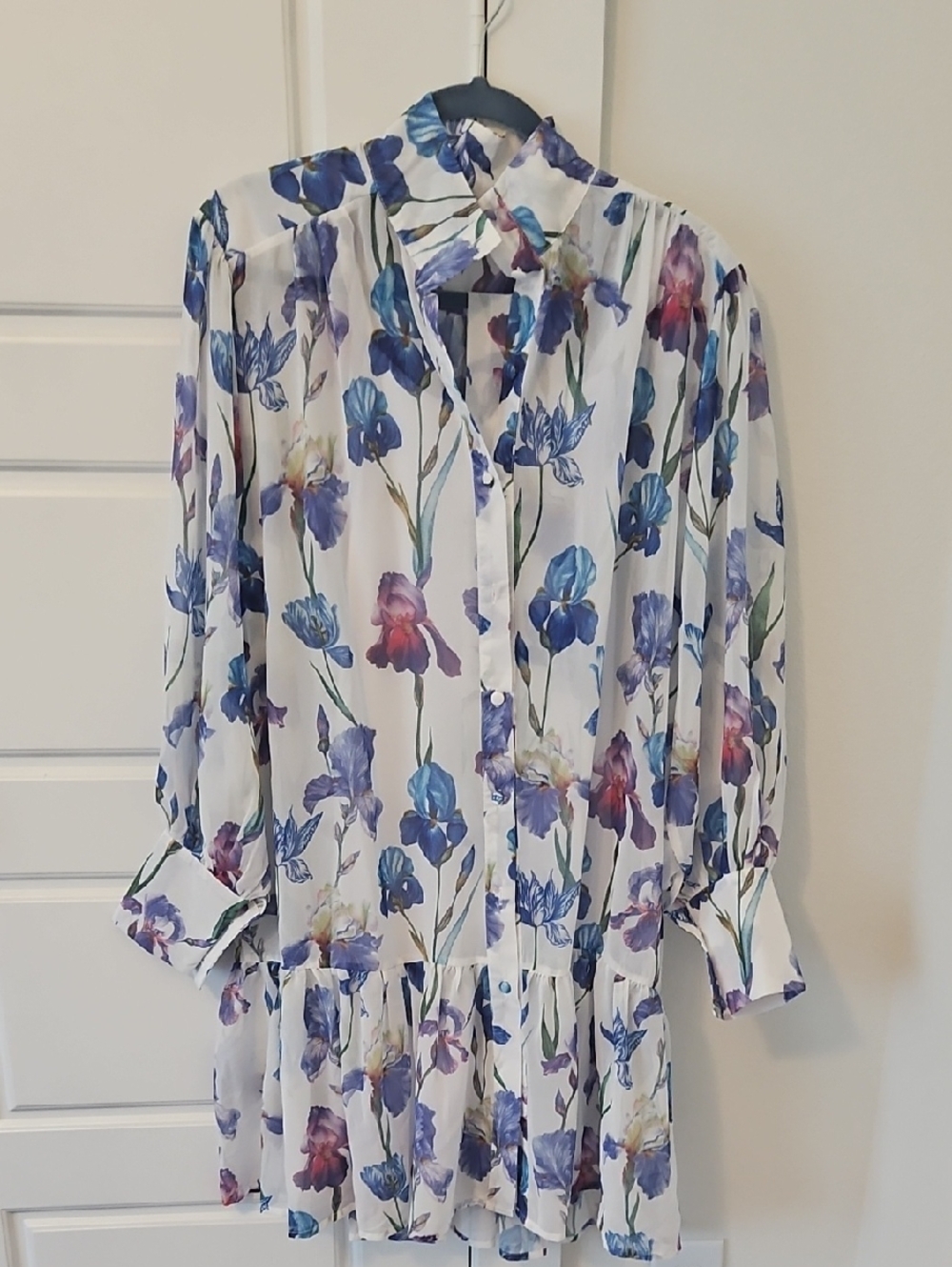 Chicwish White Long-Sleeve Floral Button Dress with Blue & Purple Blooms